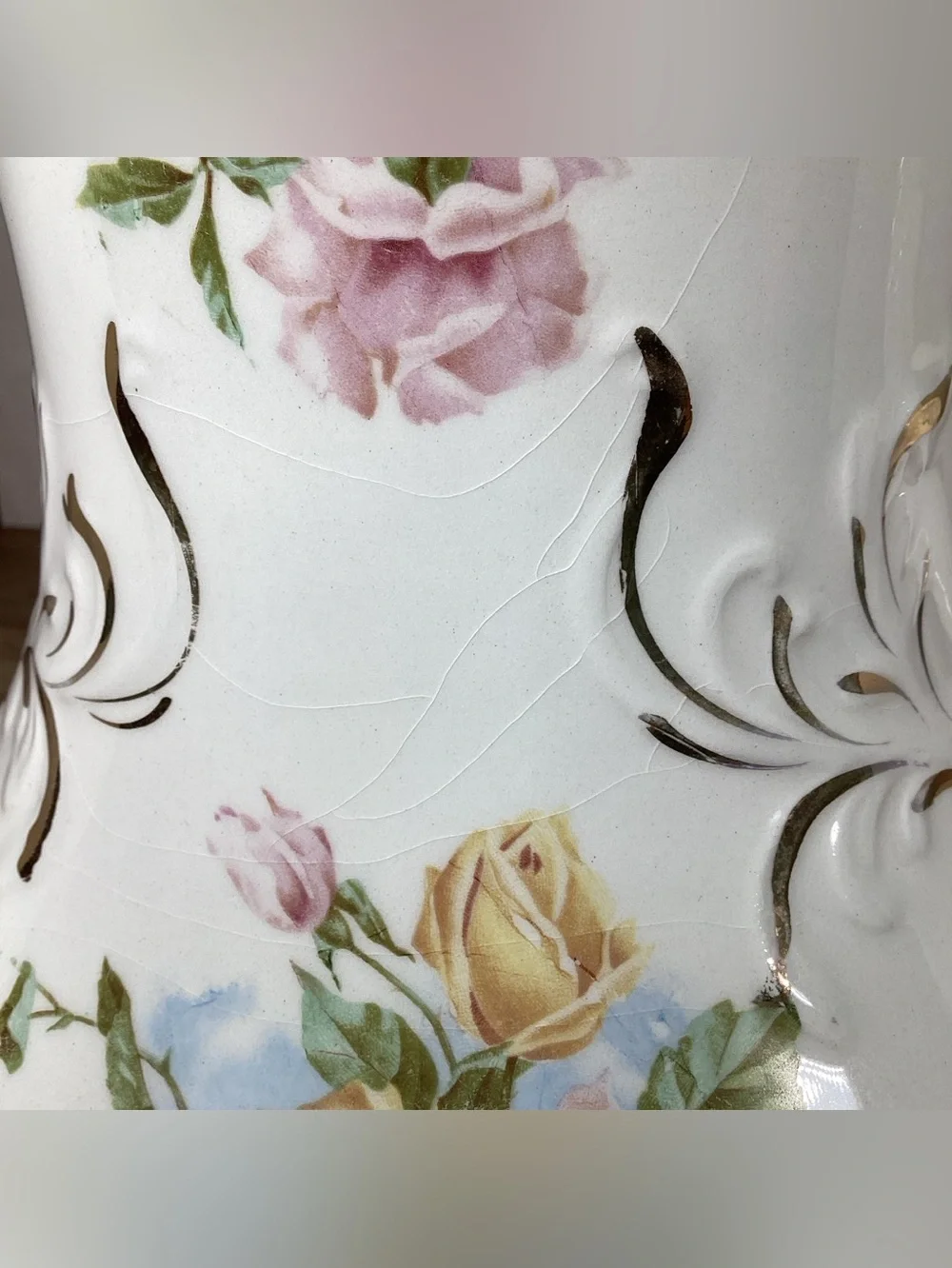 Antique WC Co Semi Porcelain 11” Pitcher Pink & Yellow Roses Gold Leafing Emboss